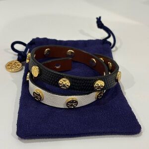 Authentic Tory Burch Double Wrap Logo Stud Black and White Leather Bracelet